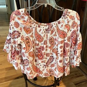 Bell Sleeve Paisley Top Womens M Boho Crop Shirt Smocked Flowy Paisley